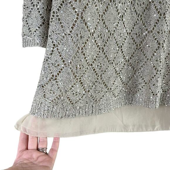 Boston Proper Sequin Embellished Open Knit Sweater Chiffon Lining in Cream, Sz M - Picture 7 of 11